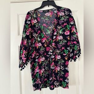 Lulu's Boho Black Floral Romper with Pink & Green Accents open V-neck small